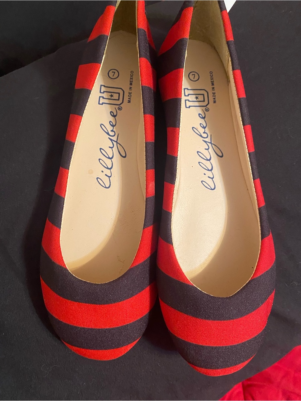 Collegiate Red and Black Striped Ballet Flats
